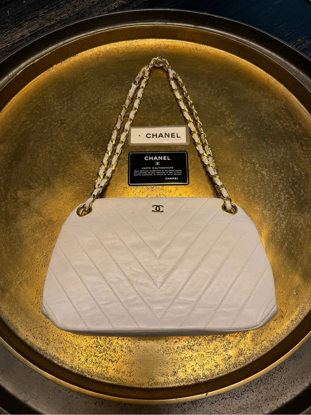 Authentic 1990s CHANEL White Chevron Quilted Leather Baguette Bag